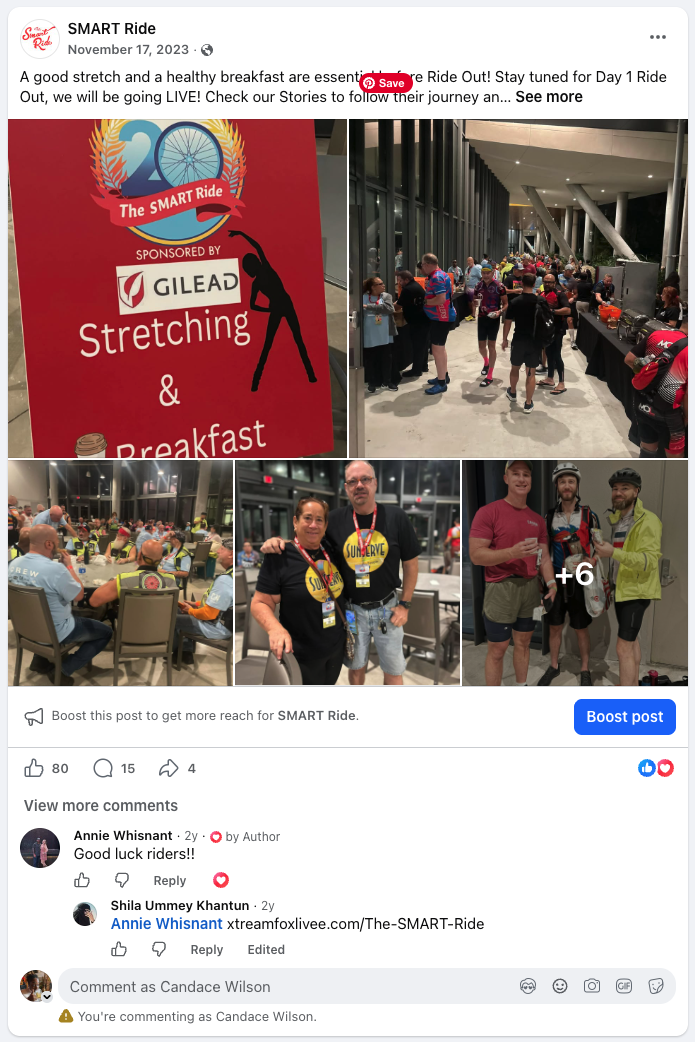 SMART Ride Facebook post , Stretching & Breakfast Day 1
