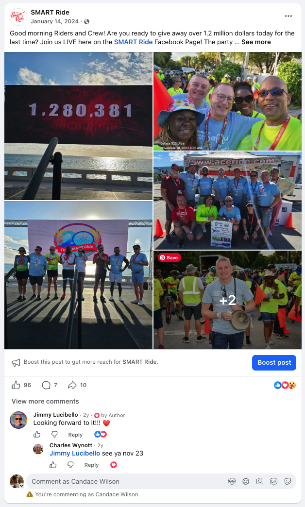 SMART Ride Facebook post , $1,280,381 raised